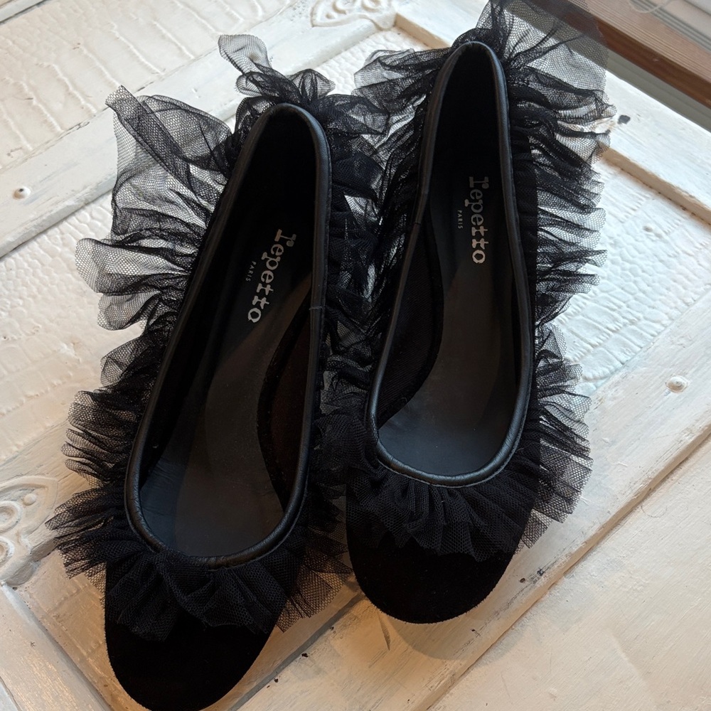 Repetto Black Tulle Trim Block Heels